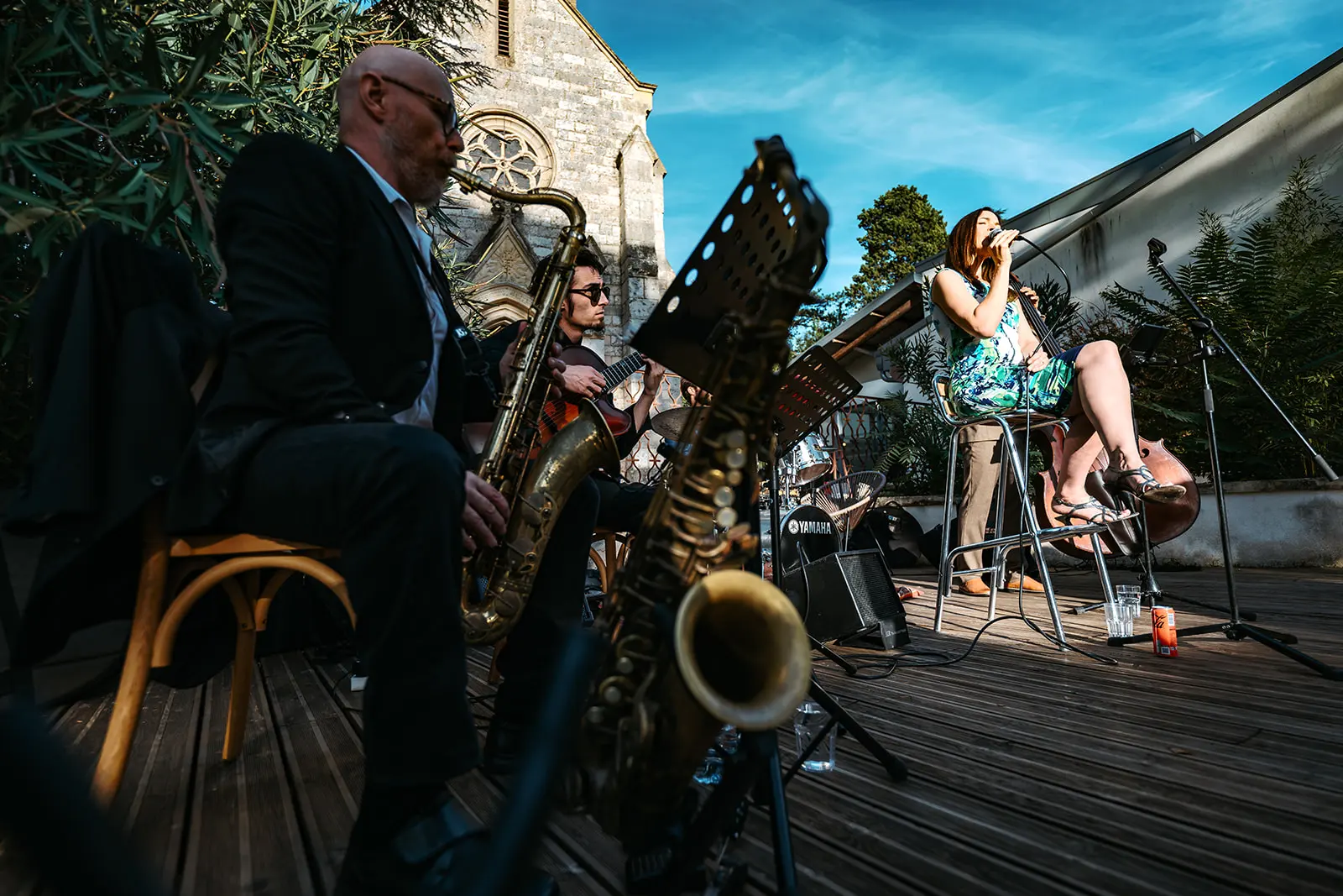 A brass band playing in the garden