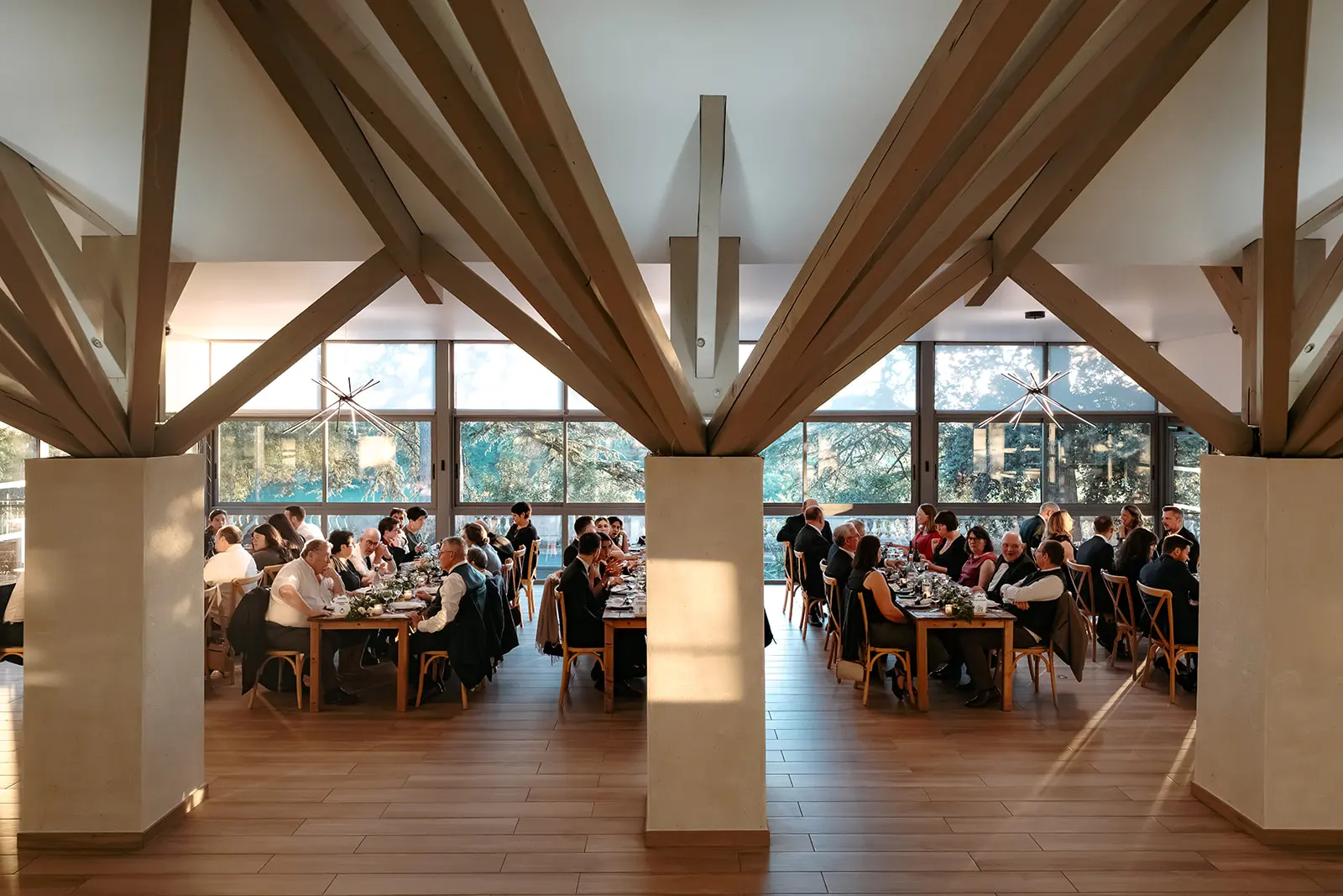 The reception tent set for dinner