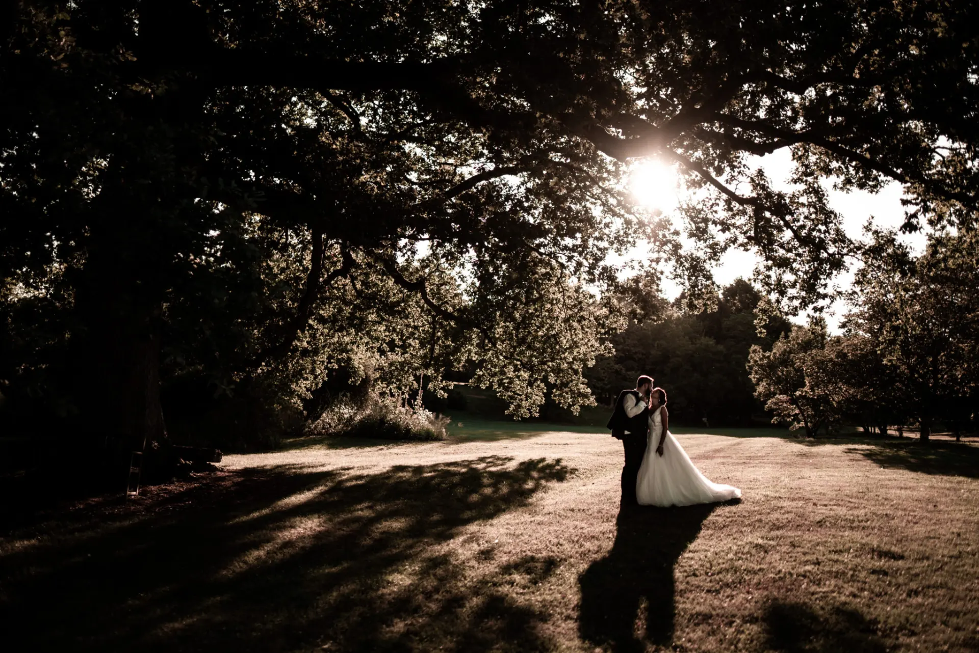 Mariés à contre-jour sous les arbres, mariage à La Romieu dans le Gers